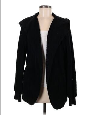 black forgotten grace fuzzy hooded cardigan sweater LARGE open front pockets